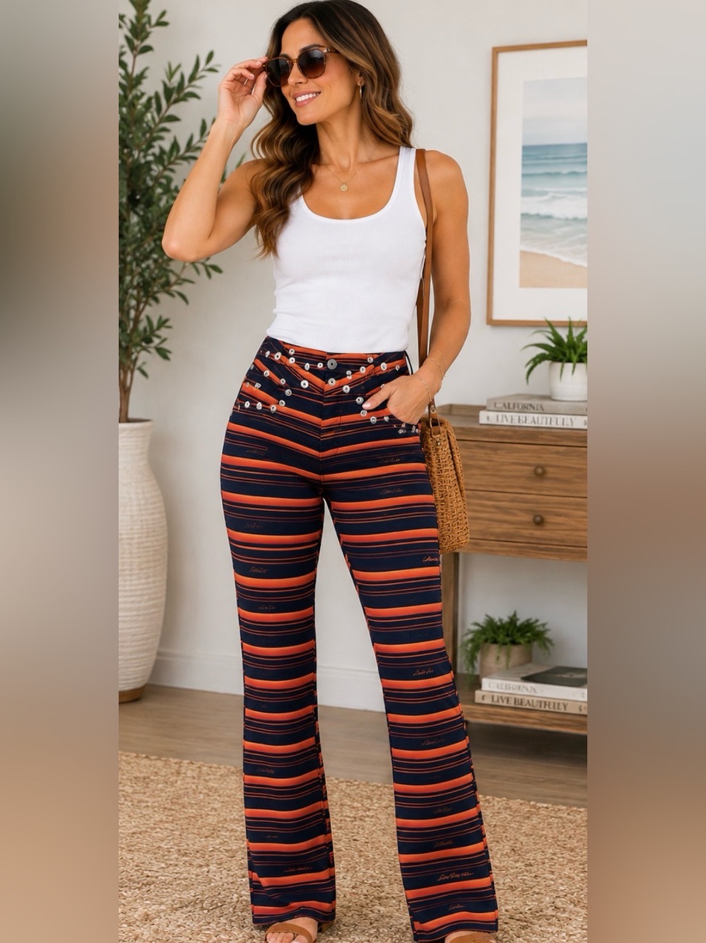 659 I.AM.GIA Striped Grommet Flare Pants XS Orange Navy Y2K Festival Stretch